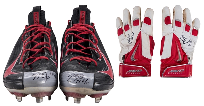 Lot of (2) 2014 Mike Trout Game Used & Signed Nike Cleats & Batting Gloves (Anderson LOA)